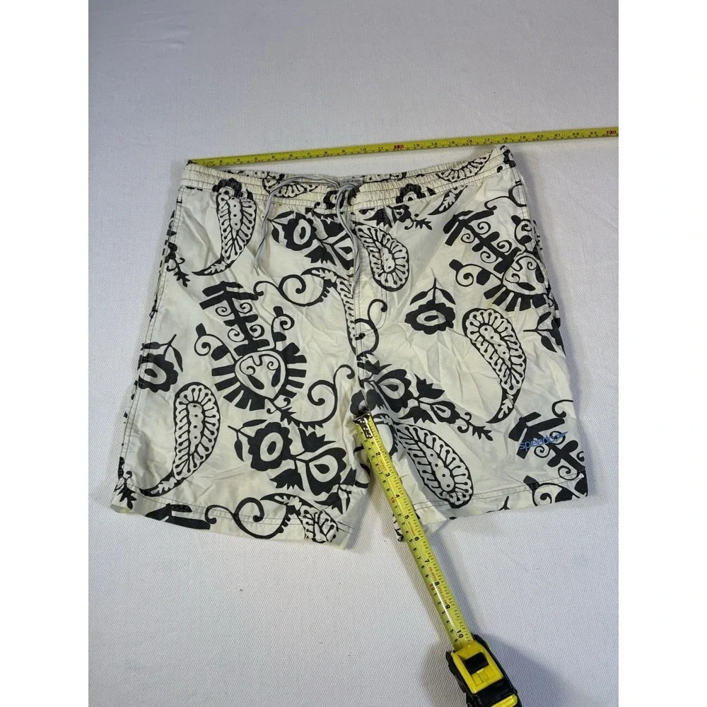 Speedo Men's Medium Swim Trunks Board Shorts Cream Black Paisley Floral Mesh‎